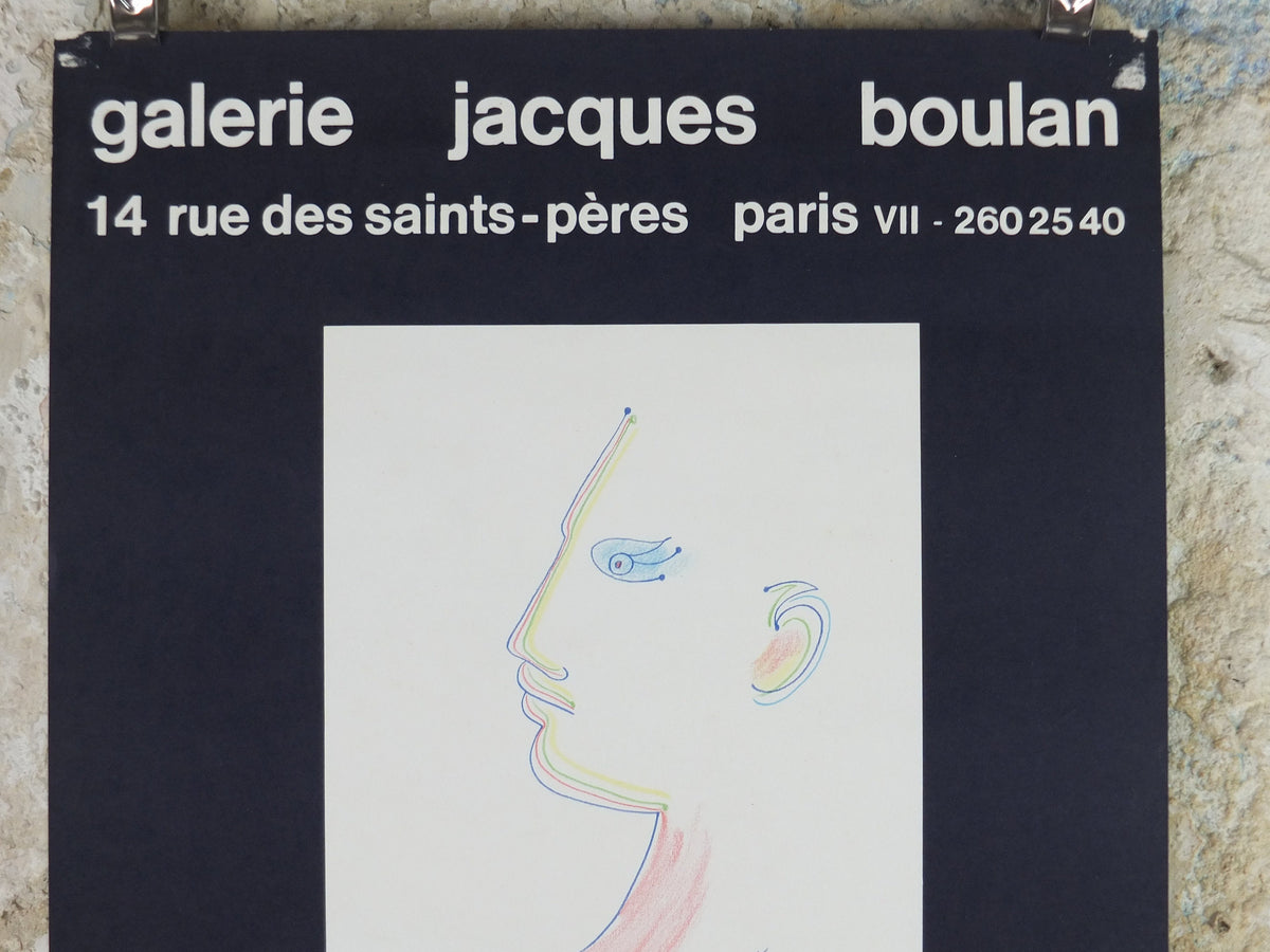 1979 Jean Cocteau Poster, Galerie Jacques Boulan, Portrait Face Profile, surrealist avant-garde Dada, gallery exhibition wall art decor