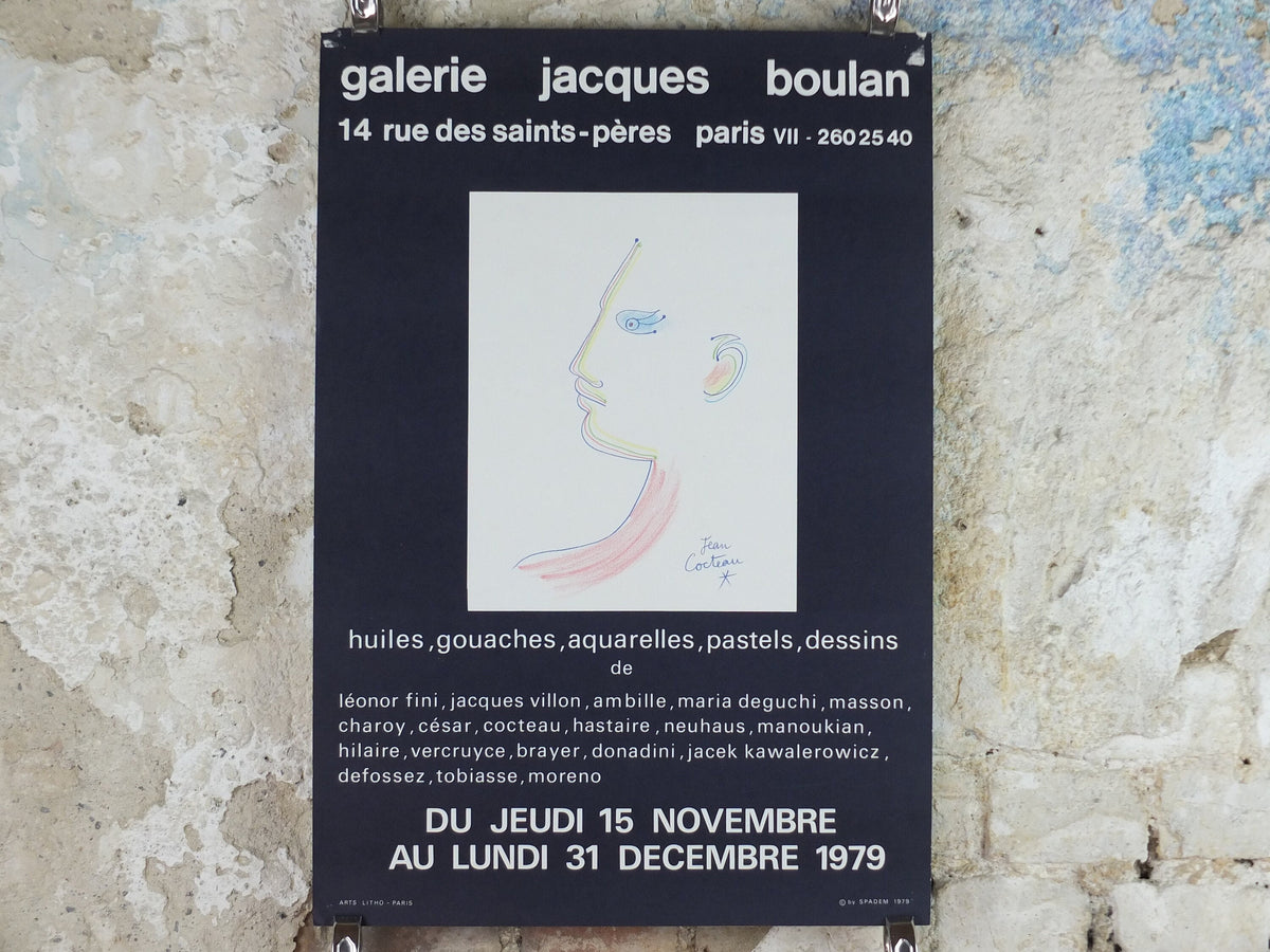 1979 Jean Cocteau Poster, Galerie Jacques Boulan, Portrait Face Profile, surrealist avant-garde Dada, gallery exhibition wall art decor