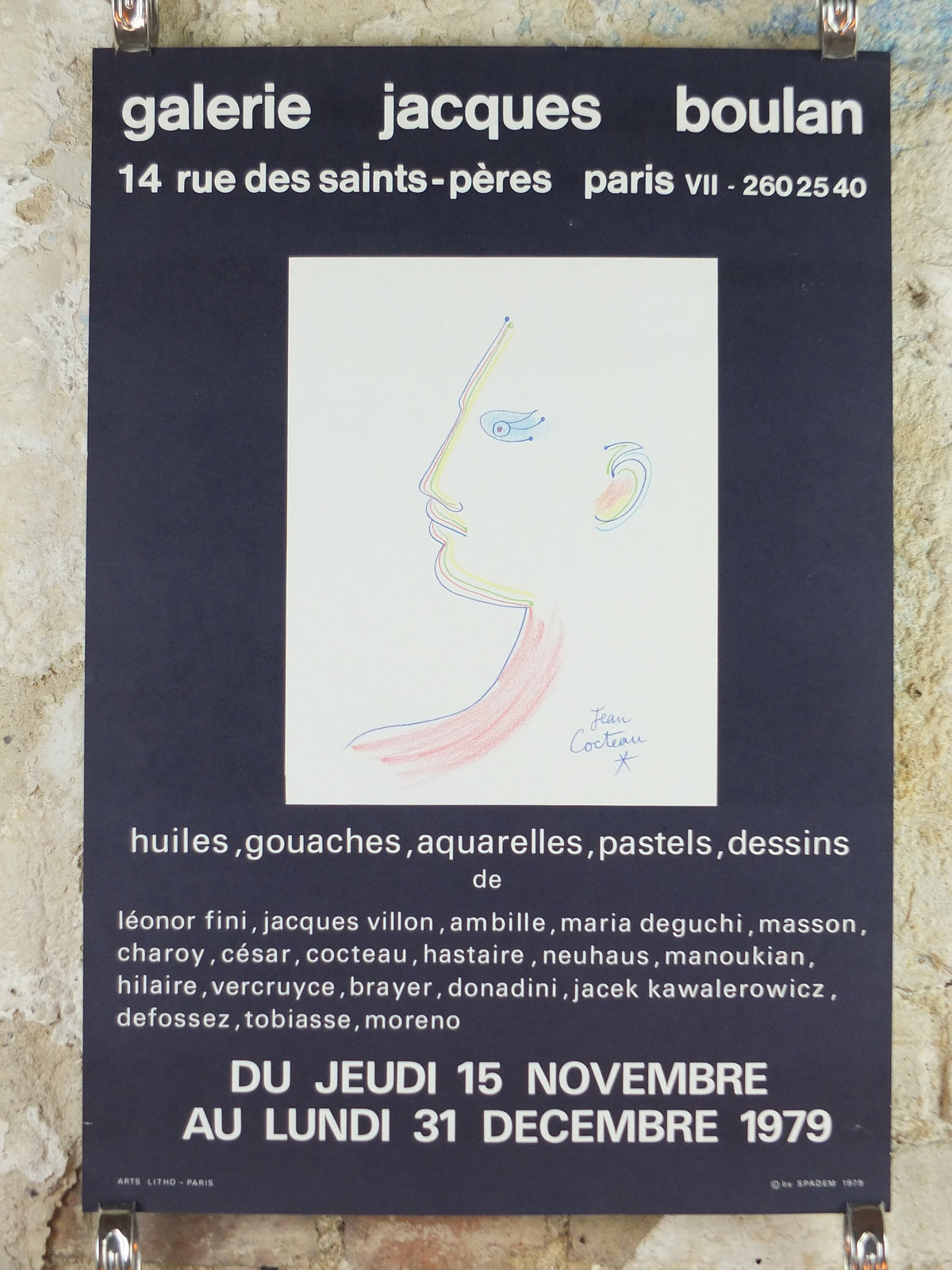 1979 Jean Cocteau Poster, Galerie Jacques Boulan, Portrait Face Profile, surrealist avant-garde Dada, gallery exhibition wall art decor