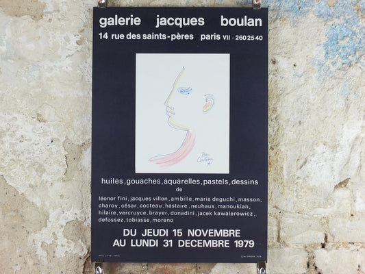 1979 Jean Cocteau Poster, Galerie Jacques Boulan, Portrait Face Profile, surrealist avant-garde Dada, gallery exhibition wall art decor