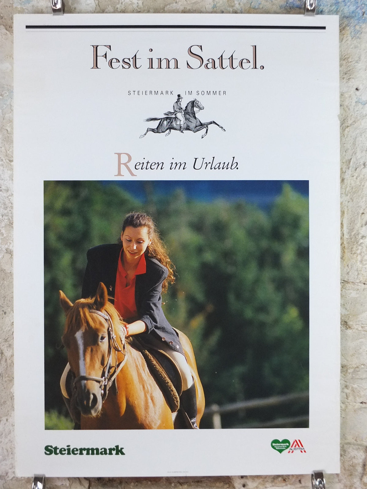 1990s Steiermark Styria Poster, Fest im Sattel, Reiten in Urlaub, Pferd, Horse, Austria travel tourism, wall art decor