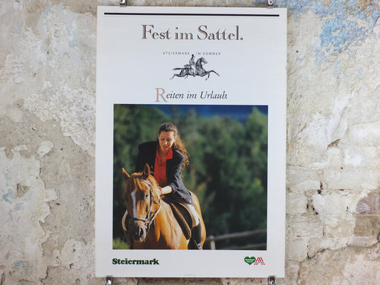 1990s Steiermark Styria Poster, Fest im Sattel, Reiten in Urlaub, Pferd, Horse, Austria travel tourism, wall art decor