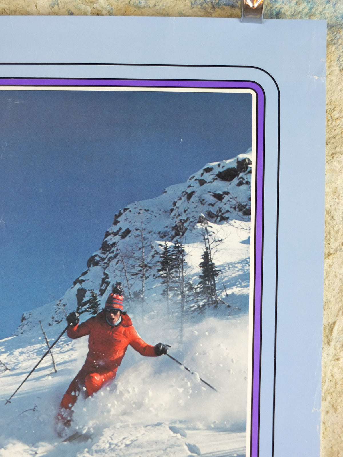 1990s Canada Ski Poster, sking holiday on snowy mountain in blue and white, tourism vacation wall art decor