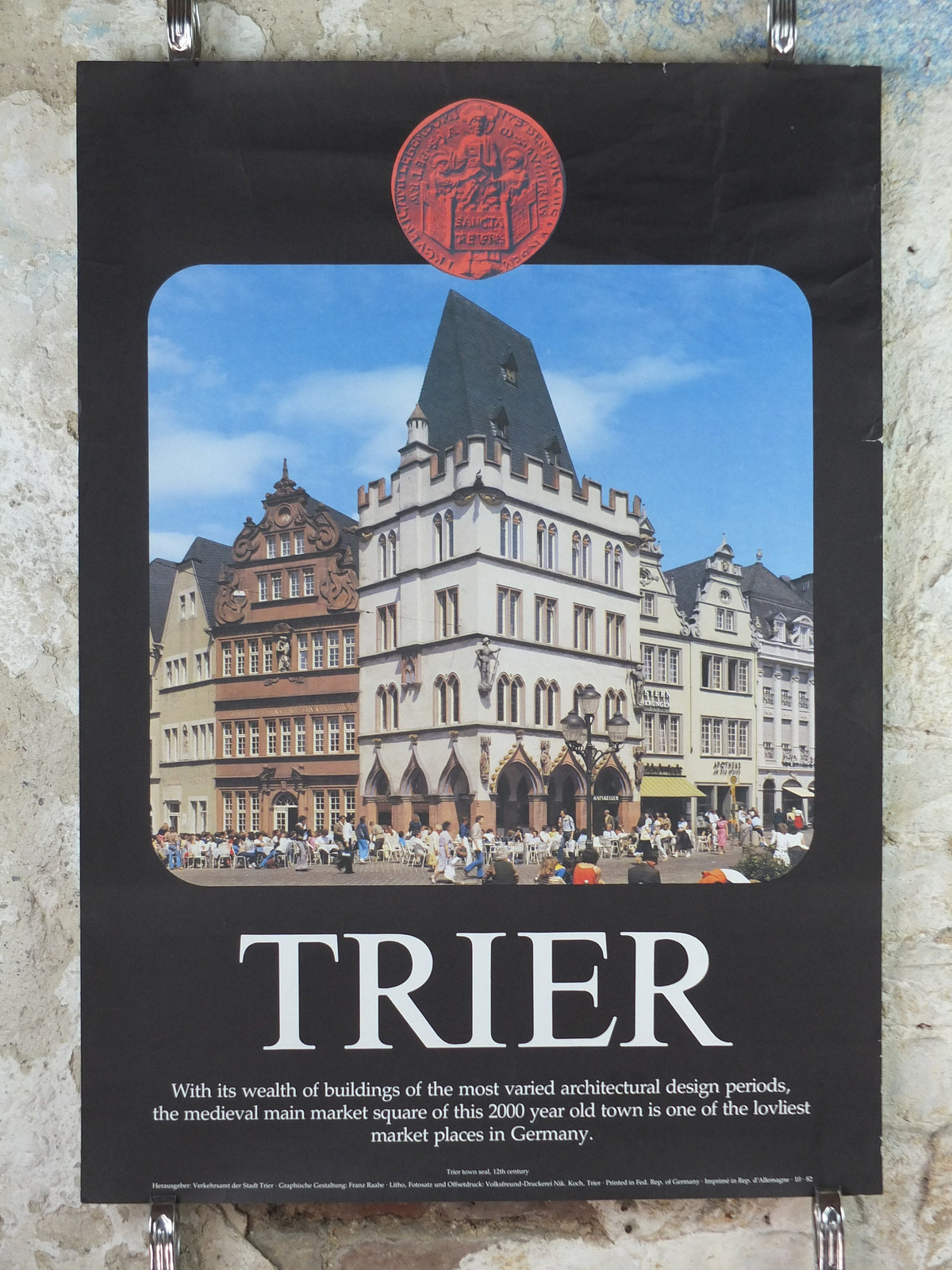 1970s Trier Travel Poster, medieval market square, Germany, Deutschland plakat, travel tourism holiday vacation wall art decor