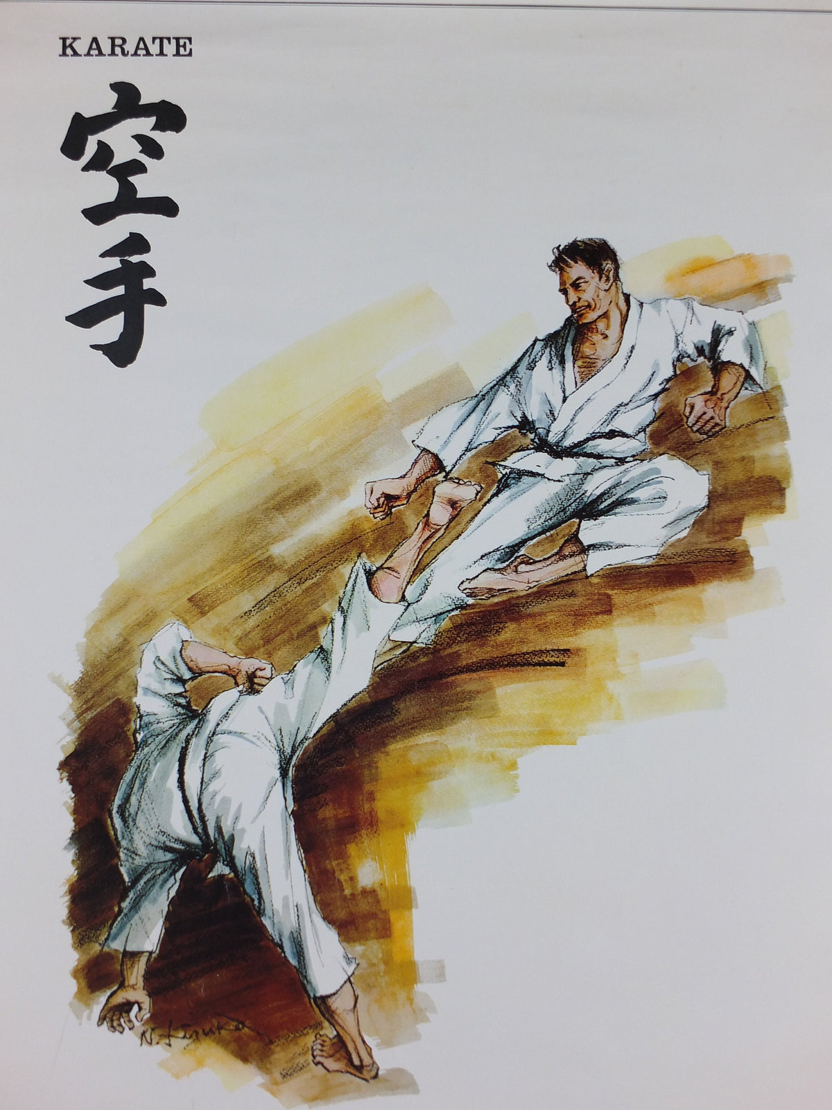 Vintage Karate Poster, Martial Arts showing a flying kick from J Milom, Manchester, Dojo sport, wall art 1960s