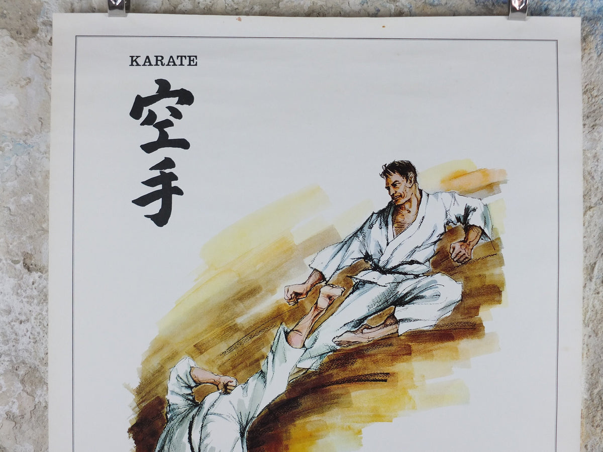 Vintage Karate Poster, Martial Arts showing a flying kick from J Milom, Manchester, Dojo sport, wall art 1960s
