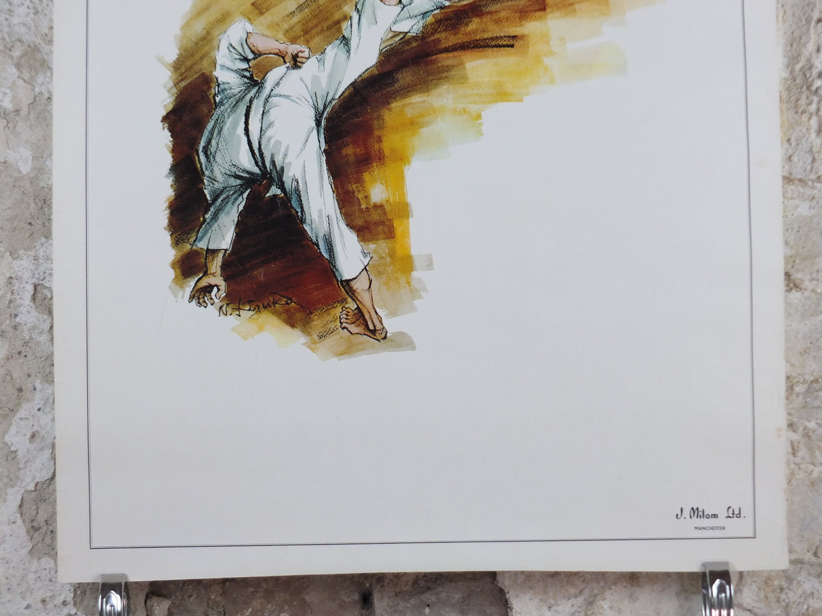 Vintage Karate Poster, Martial Arts showing a flying kick from J Milom, Manchester, Dojo sport, wall art 1960s