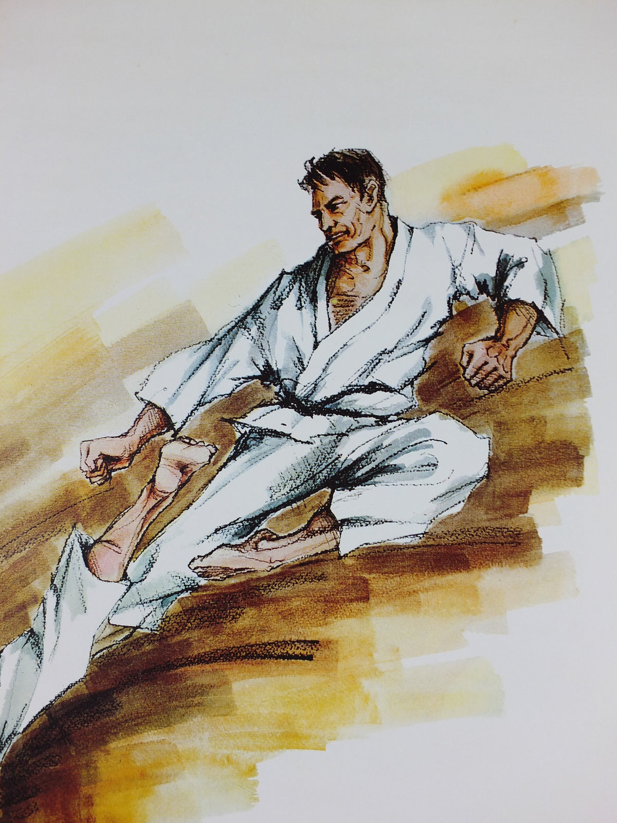 Vintage Karate Poster, Martial Arts showing a flying kick from J Milom, Manchester, Dojo sport, wall art 1960s
