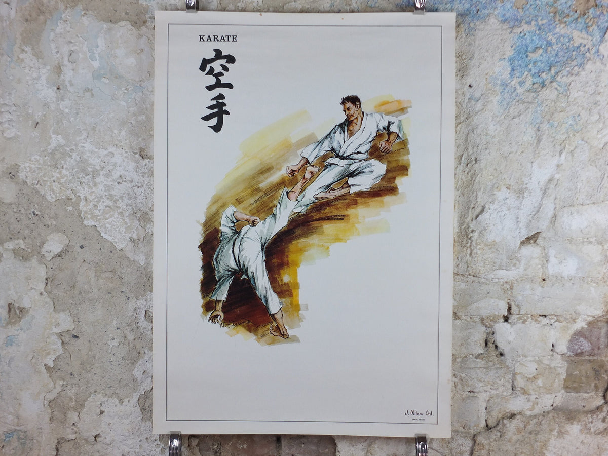 Vintage Karate Poster, Martial Arts showing a flying kick from J Milom, Manchester, Dojo sport, wall art 1960s