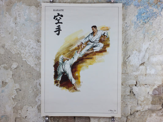 Vintage Karate Poster, Martial Arts showing a flying kick from J Milom, Manchester, Dojo sport, wall art 1960s