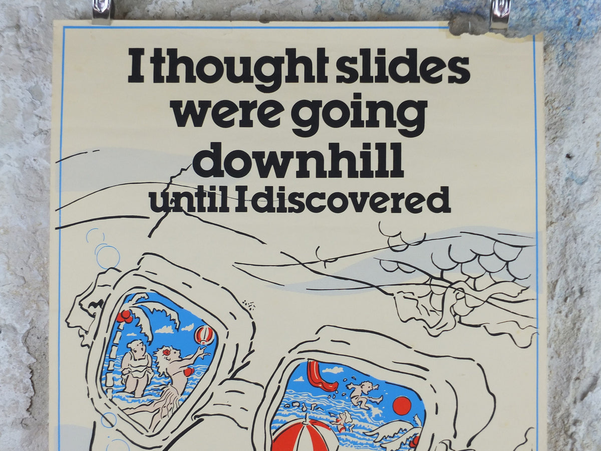 1970s Fulham Pools Poster, Swim waterslides, Normand Park, Lillie Road SW6, swimming lifestyle, fitness advertising print wall art decor