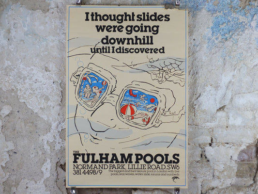 1970s Fulham Pools Poster, Swim waterslides, Normand Park, Lillie Road SW6, swimming lifestyle, fitness advertising print wall art decor