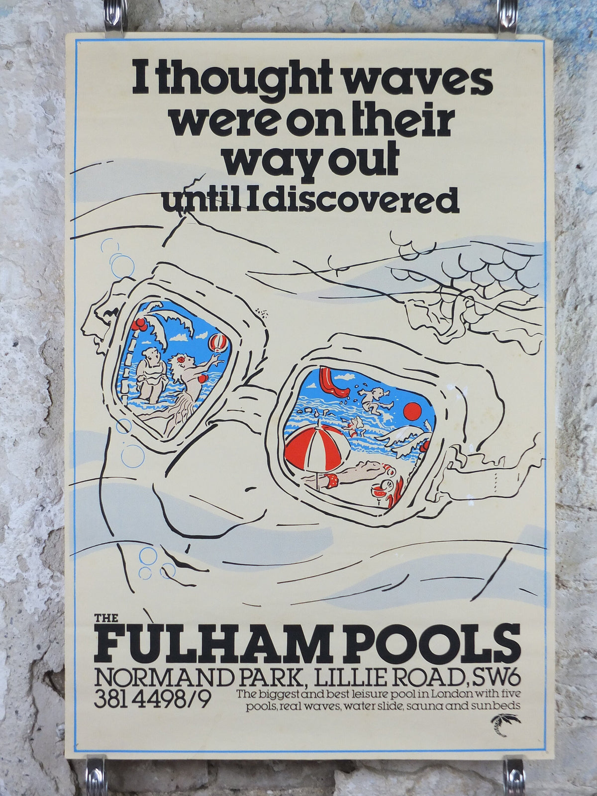 1970s Fulham Pools Poster, Swim waterslides, Normand Park, Lillie Road SW6, swimming lifestyle, fitness advertising print wall art decor