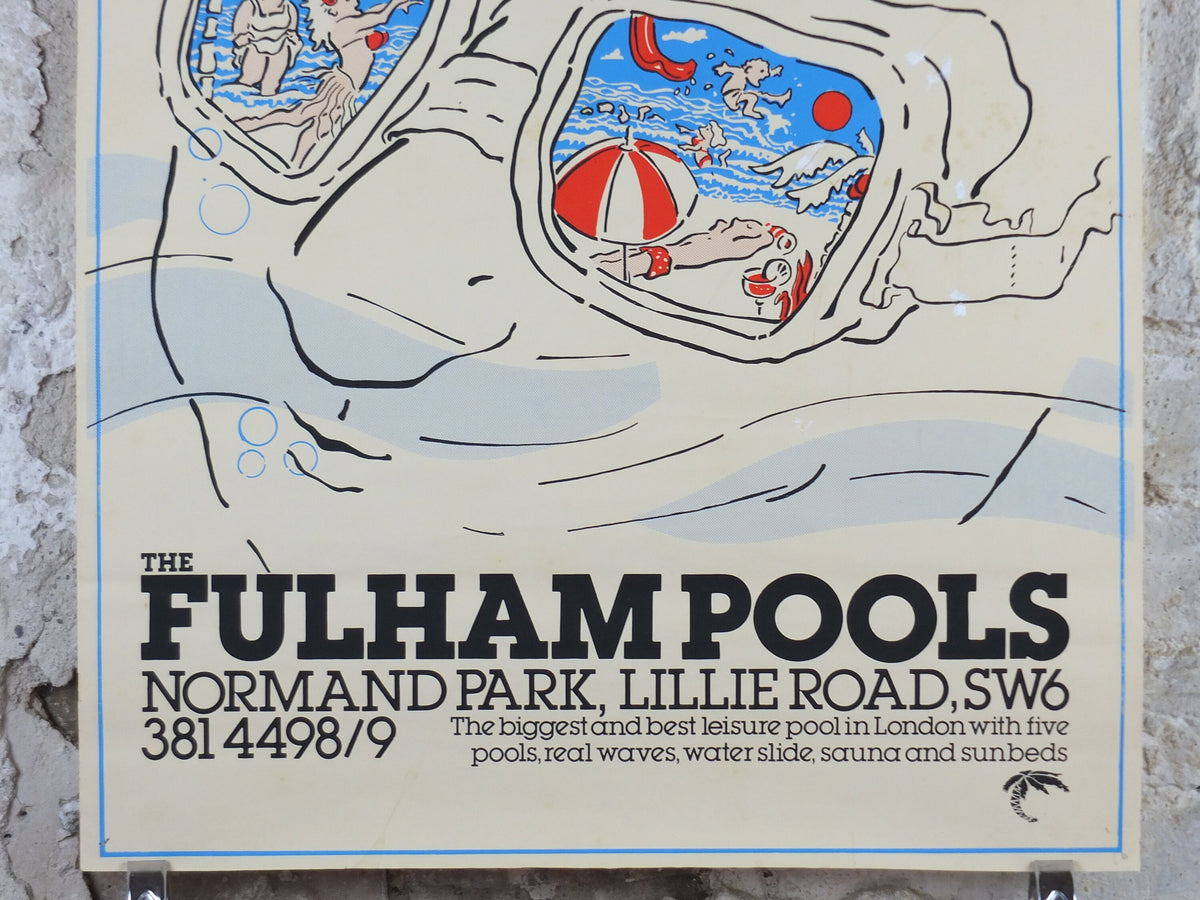 1970s Fulham Pools Poster, Swim waterslides, Normand Park, Lillie Road SW6, swimming lifestyle, fitness advertising print wall art decor