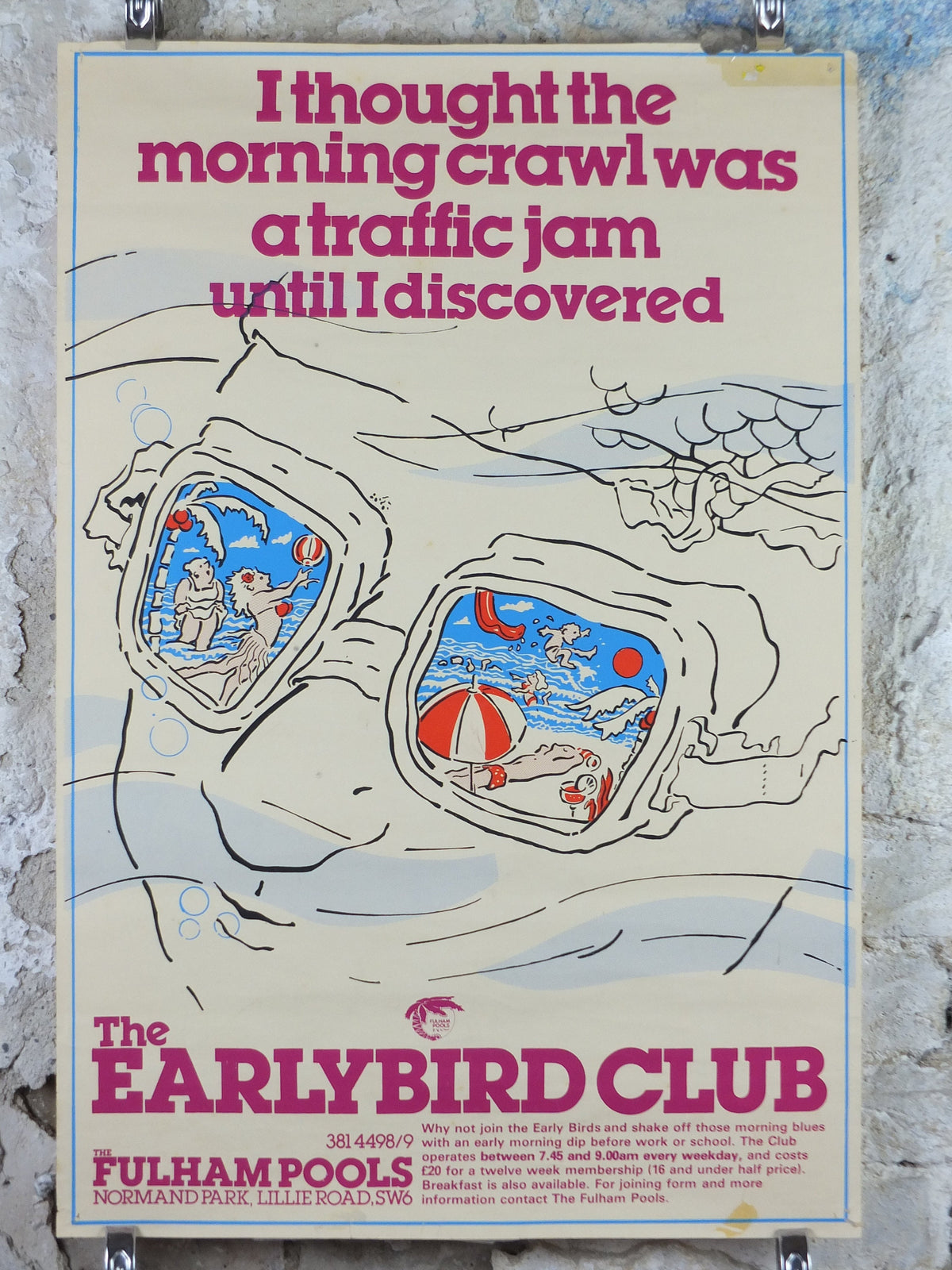 1970s Fulham Pools Poster, The Earlybird Club, Normand Park, Lillie Road SW6, swimming lifestyle, fitness advertising print wall art decor