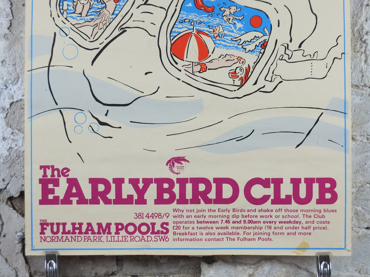 1970s Fulham Pools Poster, The Earlybird Club, Normand Park, Lillie Road SW6, swimming lifestyle, fitness advertising print wall art decor