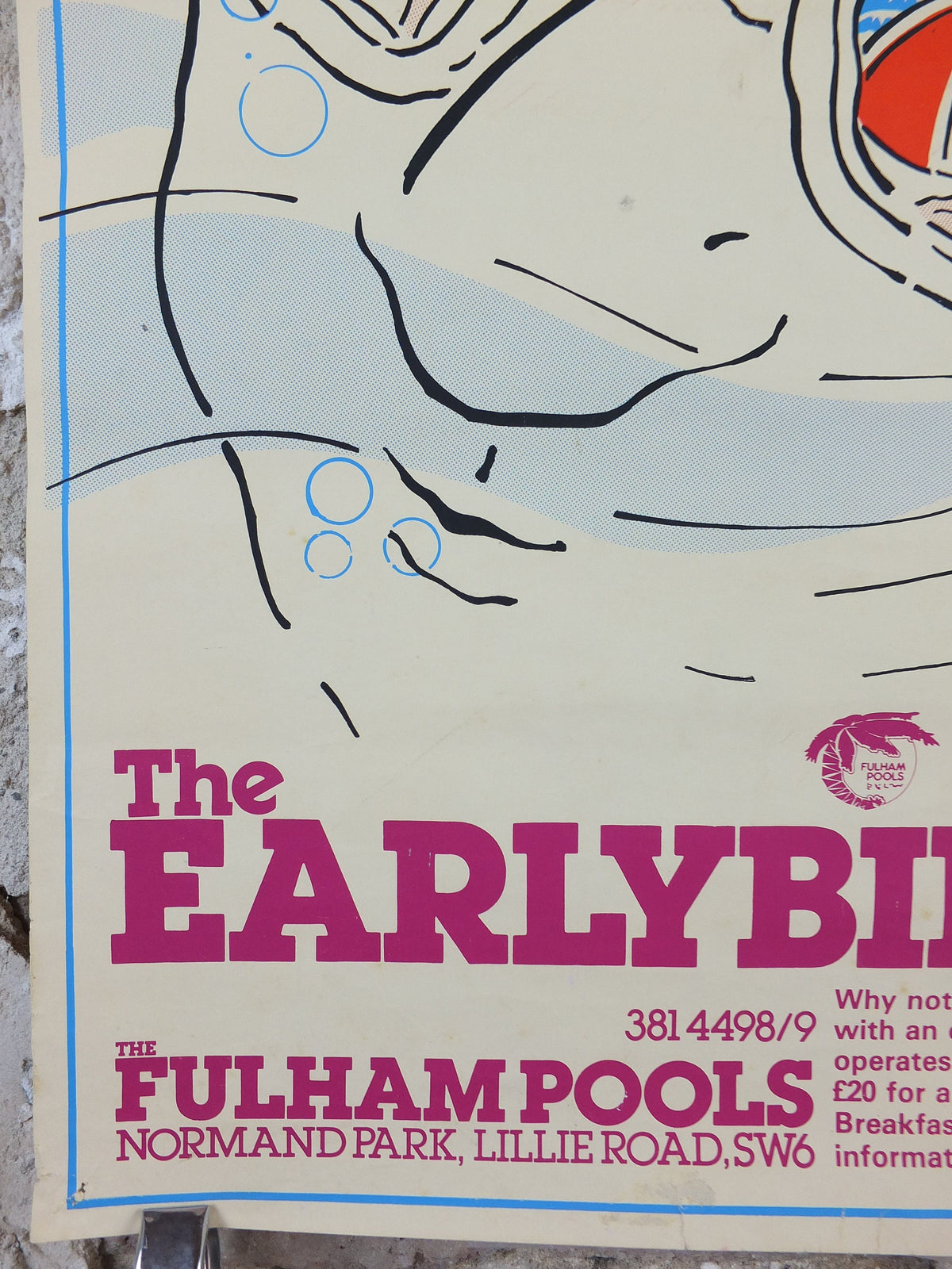 1970s Fulham Pools Poster, The Earlybird Club, Normand Park, Lillie Road SW6, swimming lifestyle, fitness advertising print wall art decor