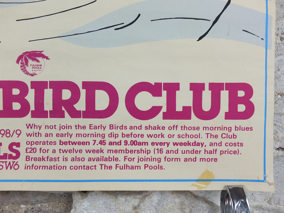 1970s Fulham Pools Poster, The Earlybird Club, Normand Park, Lillie Road SW6, swimming lifestyle, fitness advertising print wall art decor