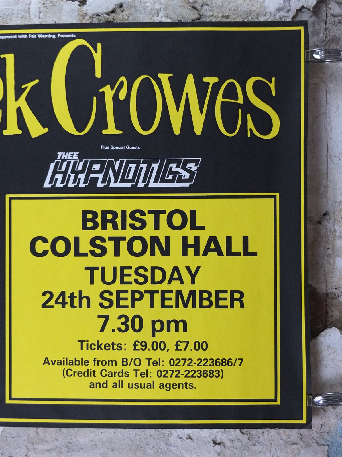 1995 The Black Crowes Concert Poster, Bristol Colston Hall, hard southern blues rock music, musical wall art decor