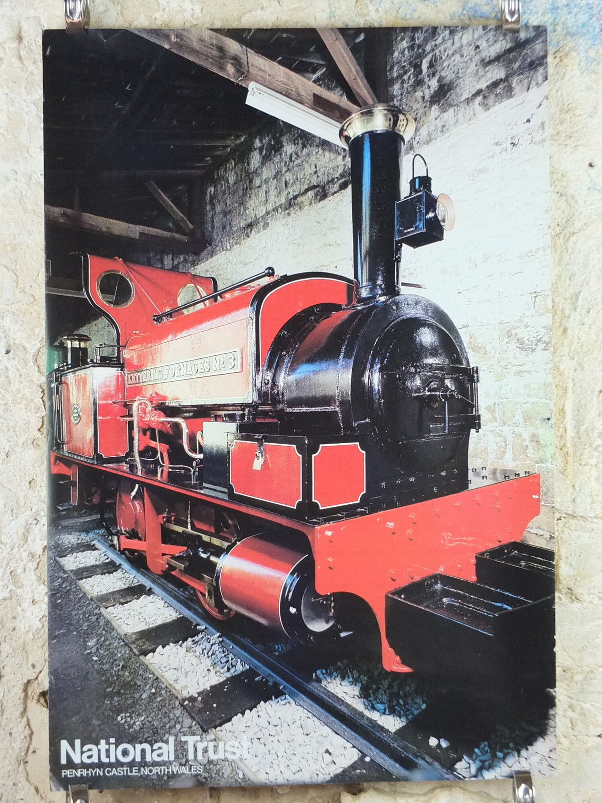 1970s Original National Trust Poster, Red Steam Train, Penrhyn Castle, Bangor, Gwynedd, Wales, heritage conservation, wall art retro decor