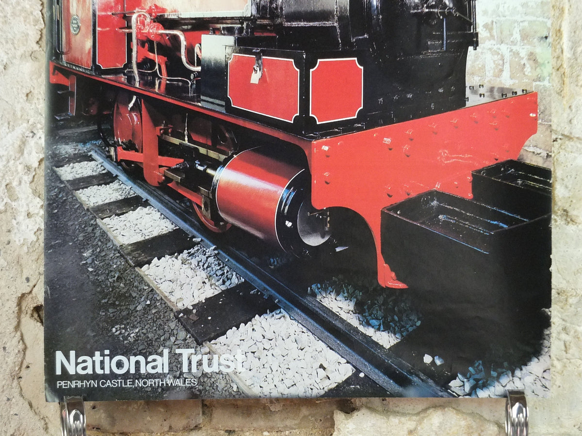 1970s Original National Trust Poster, Red Steam Train, Penrhyn Castle, Bangor, Gwynedd, Wales, heritage conservation, wall art retro decor