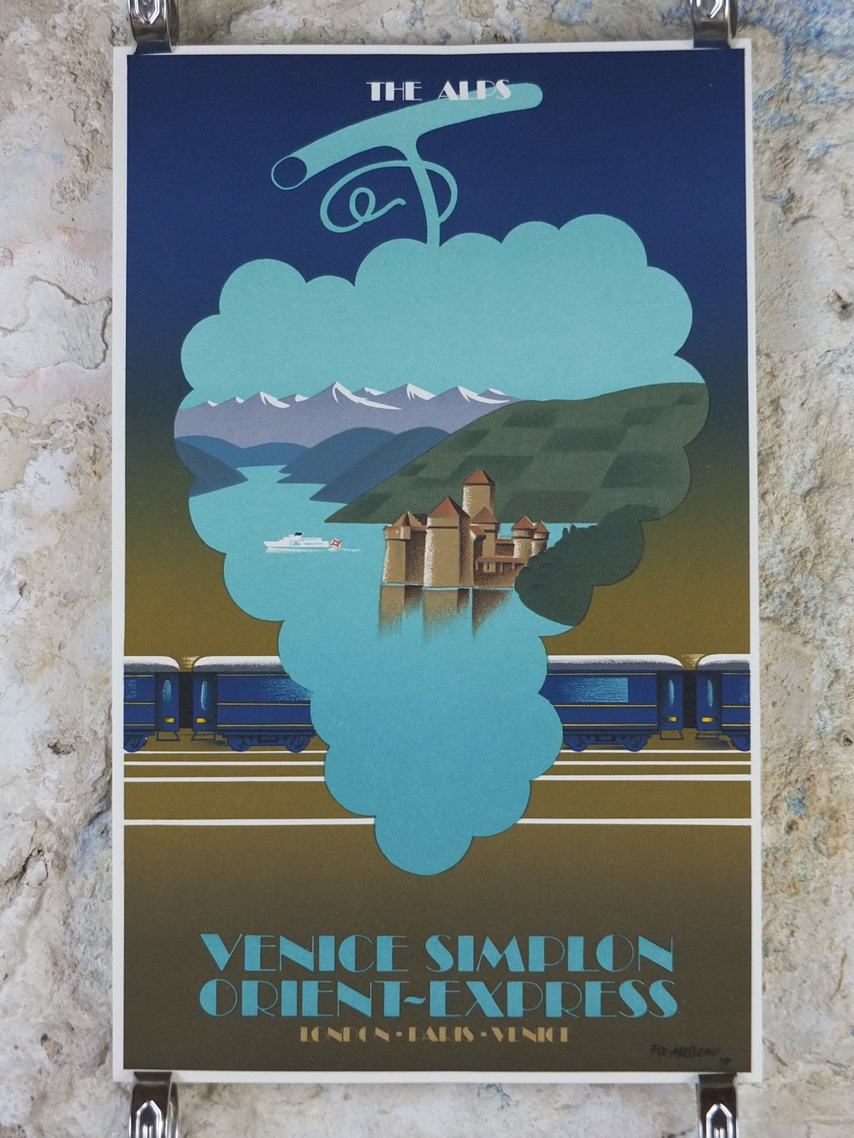Original Venice Simplon Orient Express Poster, The Alps by Fix Masseau, Grapes, 1985 limited edition of 200, train, art deco, wall art decor