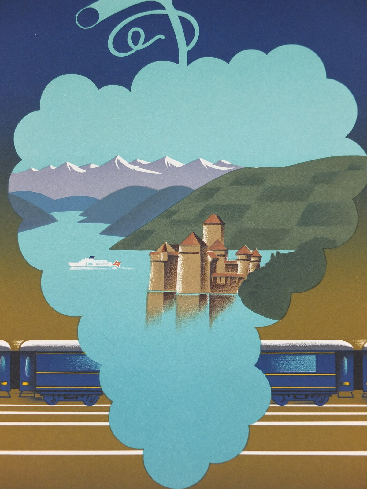 Original Venice Simplon Orient Express Poster, The Alps by Fix Masseau, Grapes, 1985 limited edition of 200, train, art deco, wall art decor
