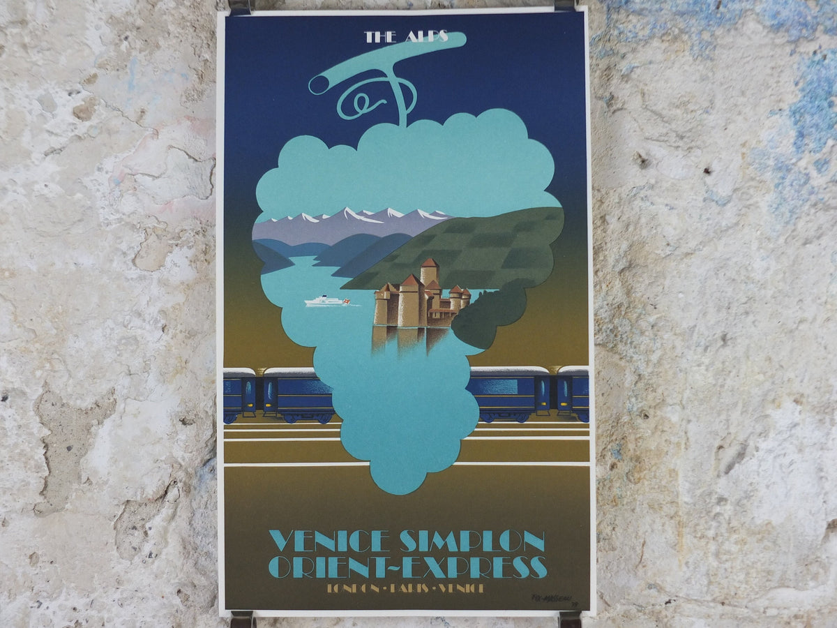 Original Venice Simplon Orient Express Poster, The Alps by Fix Masseau, Grapes, 1985 limited edition of 200, train, art deco, wall art decor