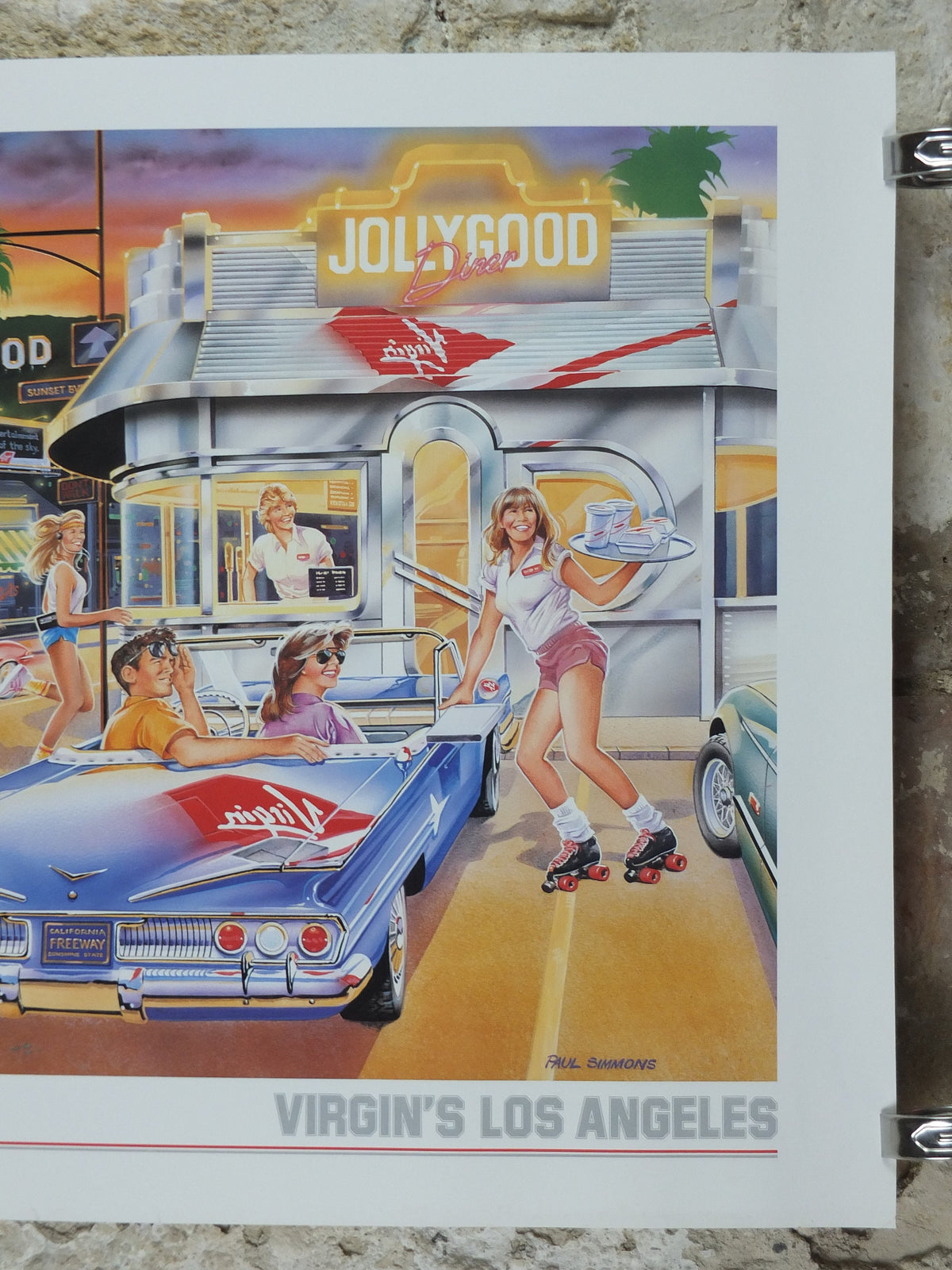 1990s Virgin Atlantic Los Angeles Poster, by Paul Simmons, California, roller skate drive in diner, USA, Aviation, travel wall art decor