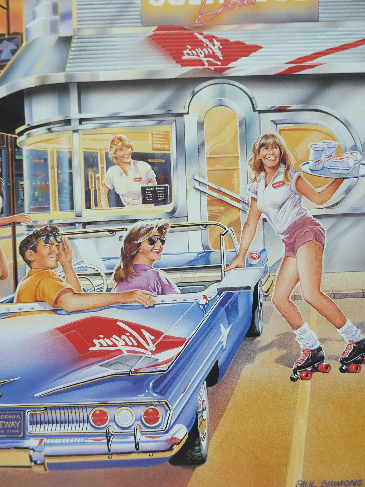 1990s Virgin Atlantic Los Angeles Poster, by Paul Simmons, California, roller skate drive in diner, USA, Aviation, travel wall art decor