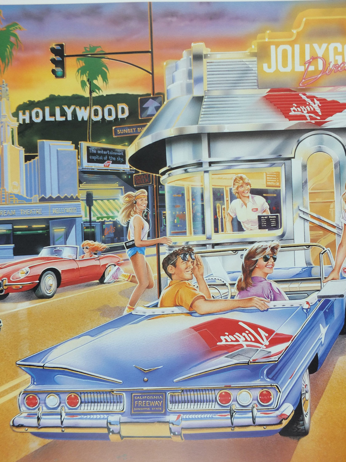 1990s Virgin Atlantic Los Angeles Poster, by Paul Simmons, California, roller skate drive in diner, USA, Aviation, travel wall art decor