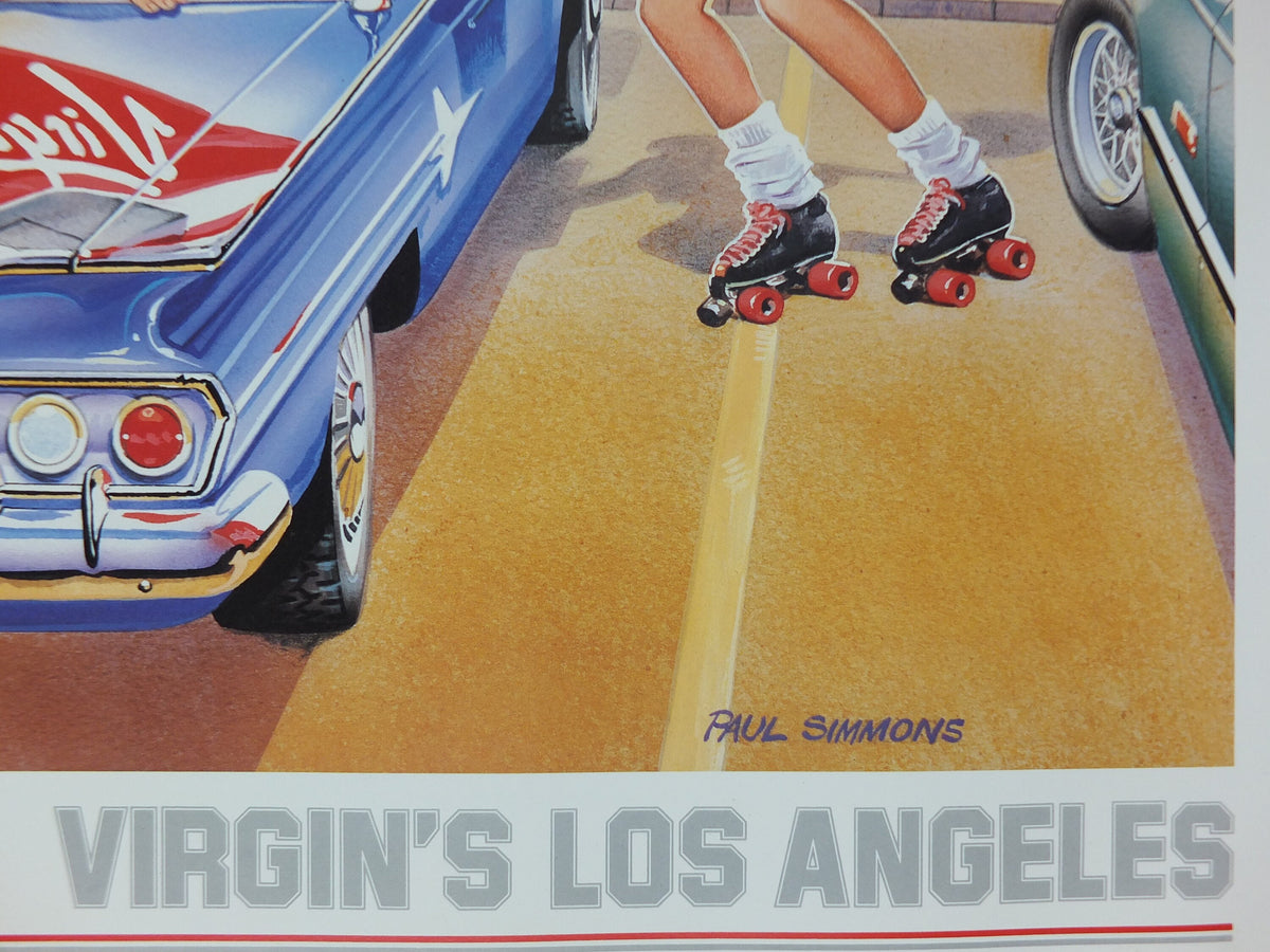 1990s Virgin Atlantic Los Angeles Poster, by Paul Simmons, California, roller skate drive in diner, USA, Aviation, travel wall art decor