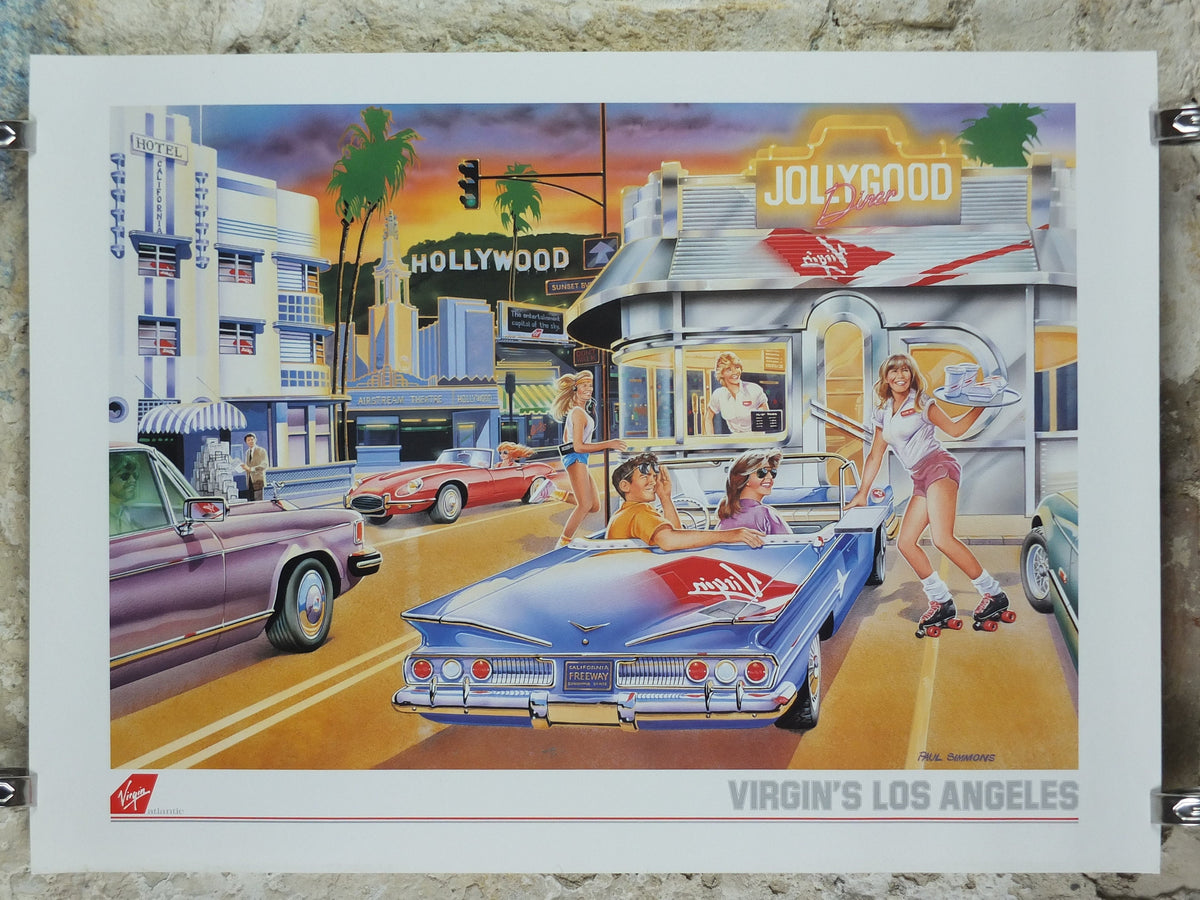 1990s Virgin Atlantic Los Angeles Poster, by Paul Simmons, California, roller skate drive in diner, USA, Aviation, travel wall art decor