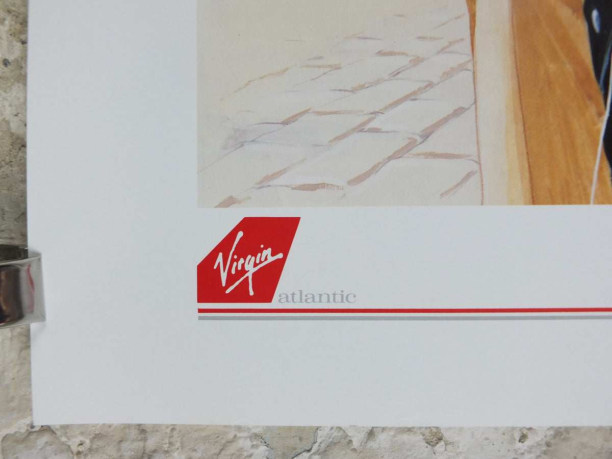 1990s Virgin Atlantic London Poster, by Paul Simmons, Double Decker Bus, United Kingdom, Great Britian, Aviation, travel wall art decor