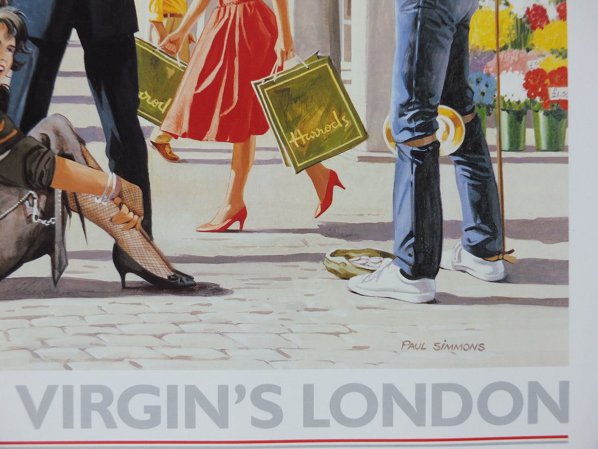 1990s Virgin Atlantic London Poster, by Paul Simmons, Double Decker Bus, United Kingdom, Great Britian, Aviation, travel wall art decor