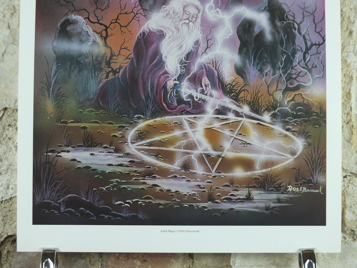 1990s Earth Magic Poster, by Peter Pracownik, lightning pentacle magic, from Rhiannon Press, fantasy fiction wall art decor