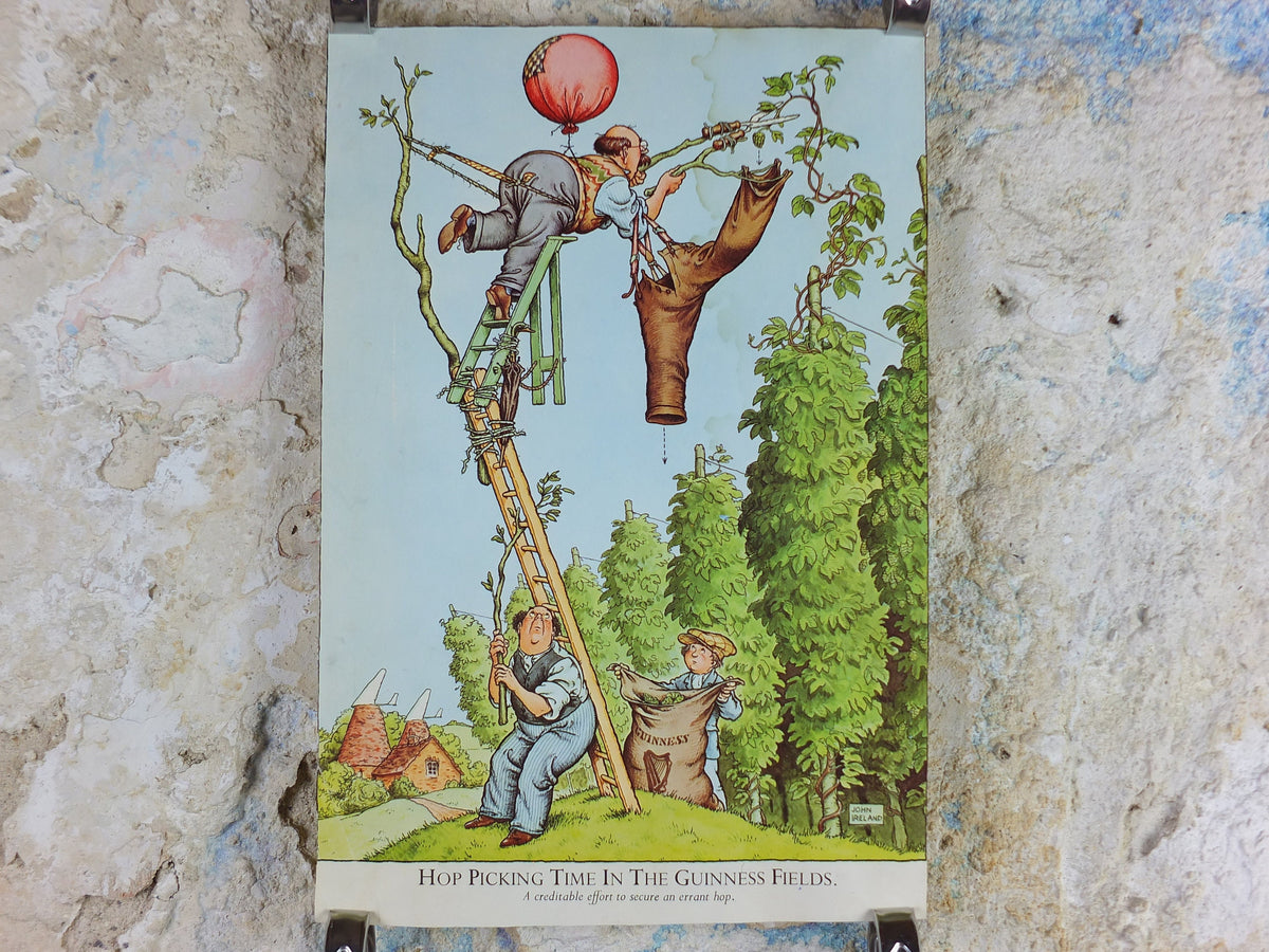 Vintage Gentle Art of Making Guinness Poster, Hop picking time in fields advertising ale Irish stout beer print wall art retro 1980s