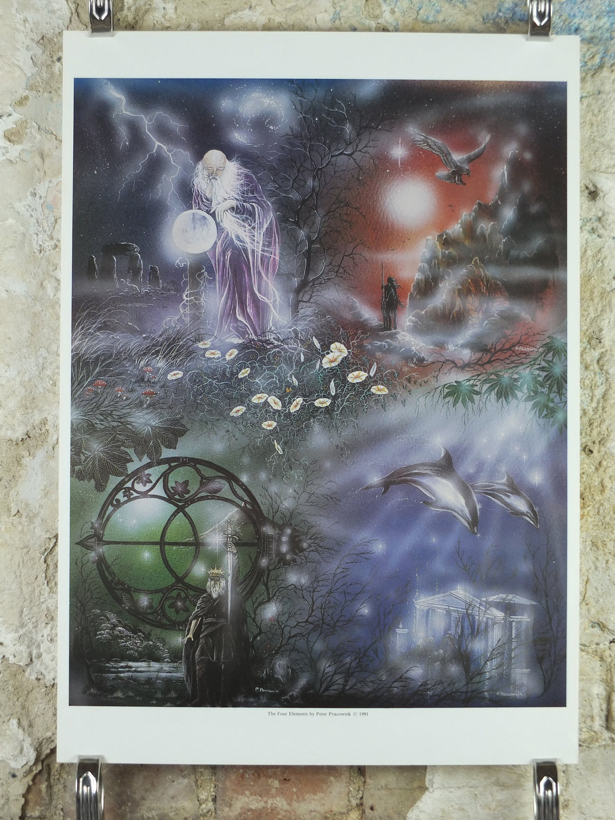 1990s The Four Elements Poster, by Peter Pracownik, Earth Sea Air Fire Wind, from Rhiannon Press, fantasy fiction wall art decor