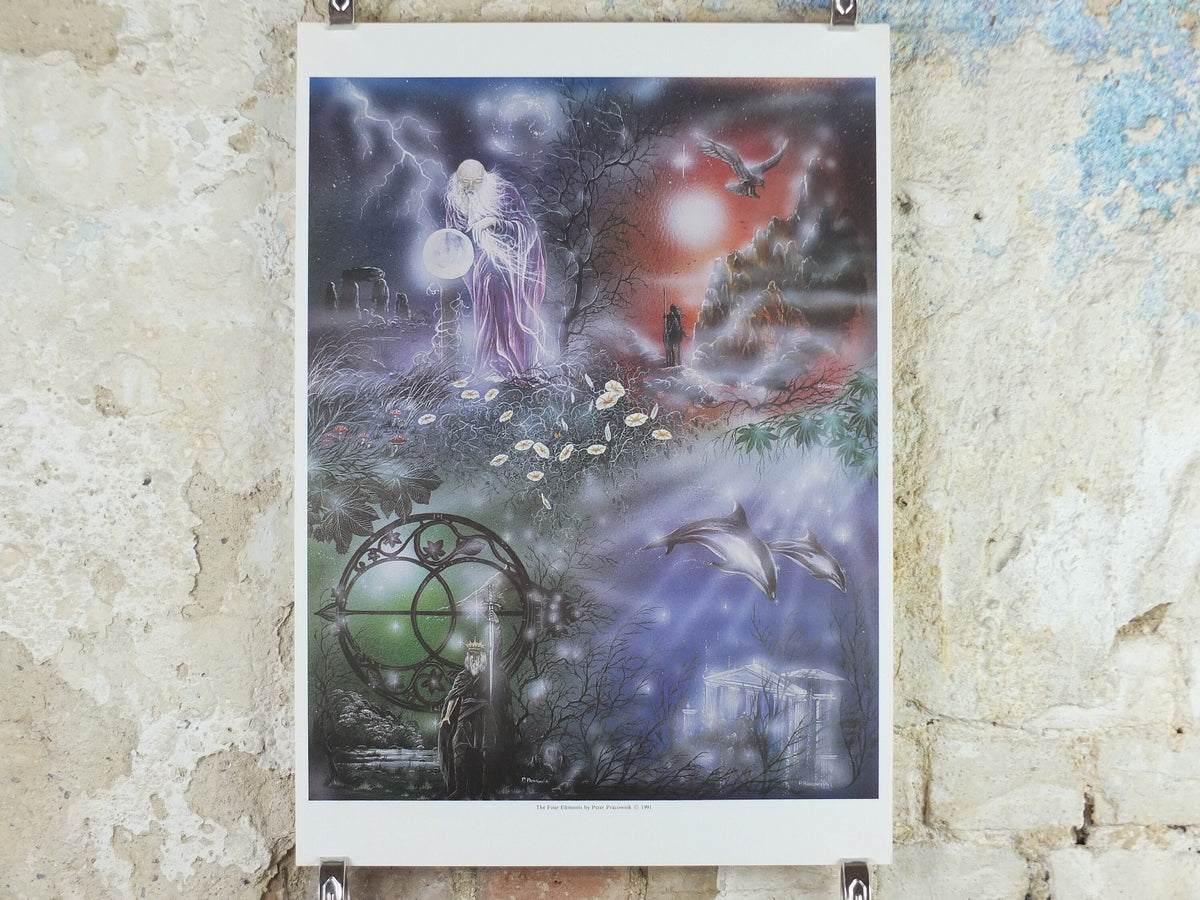 1990s The Four Elements Poster, by Peter Pracownik, Earth Sea Air Fire Wind, from Rhiannon Press, fantasy fiction wall art decor