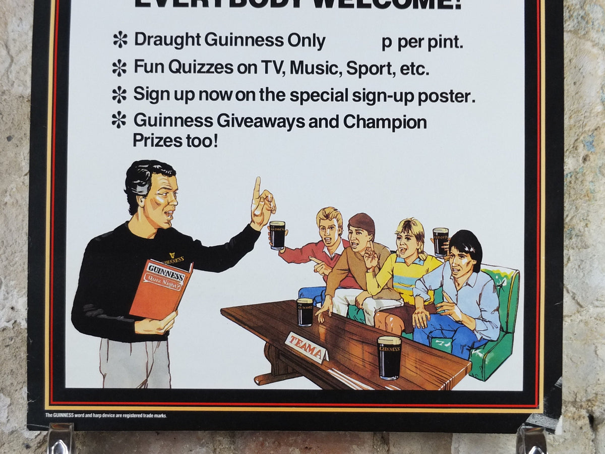 1980s Guinness Poster, Quiz Night, Everybody Welcome, advertising lager beer, wall art decor