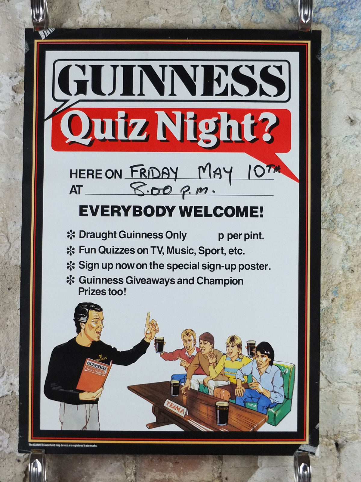 1980s Guinness Poster, Quiz Night, Everybody Welcome, advertising lager beer, wall art decor