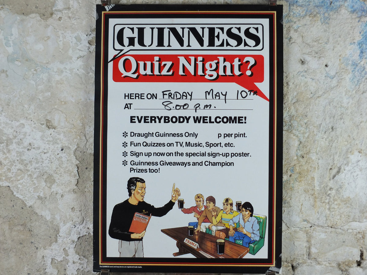 1980s Guinness Poster, Quiz Night, Everybody Welcome, advertising lager beer, wall art decor