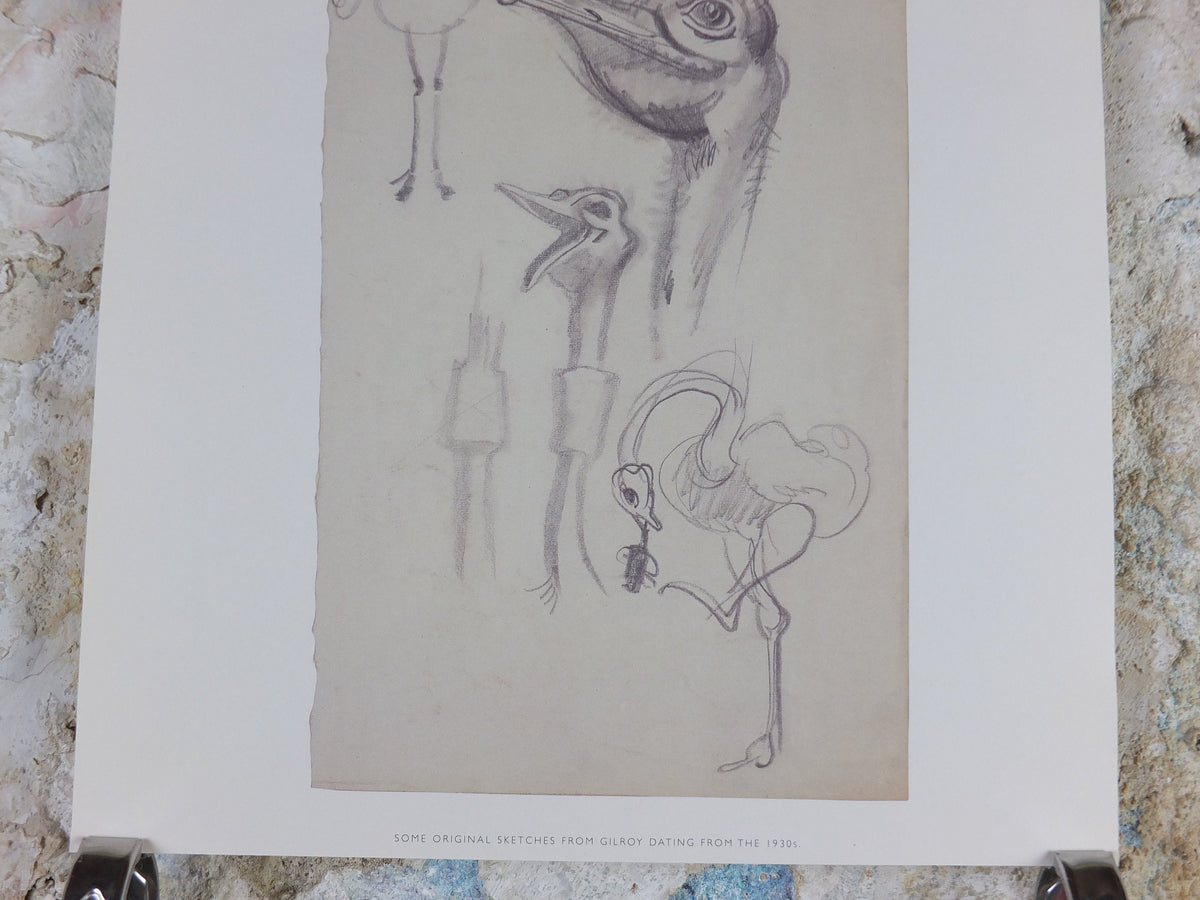 Guinness Ostrich Zoo Poster, by John Gilroy, drafts in pencil, Advertising campaign Wall art retro 1990s