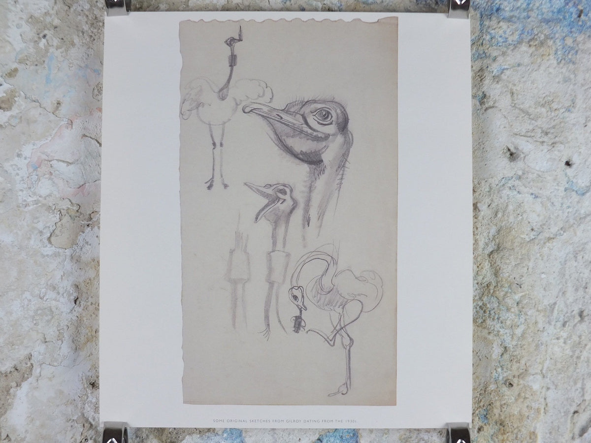 Guinness Ostrich Zoo Poster, by John Gilroy, drafts in pencil, Advertising campaign Wall art retro 1990s