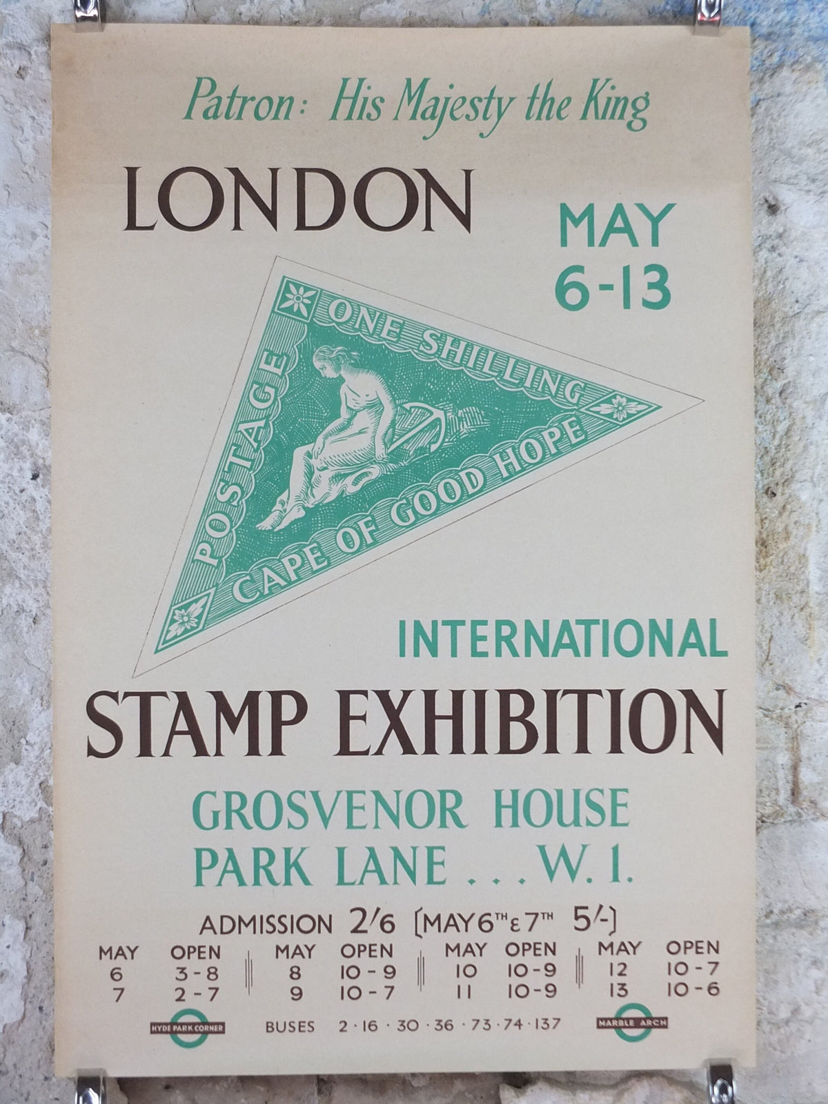 1950 London International Stamp Exhibition Poster, One Shilling, Cape of Good Hope, Park Lane, Grosvenor House, exhibition wall art decor