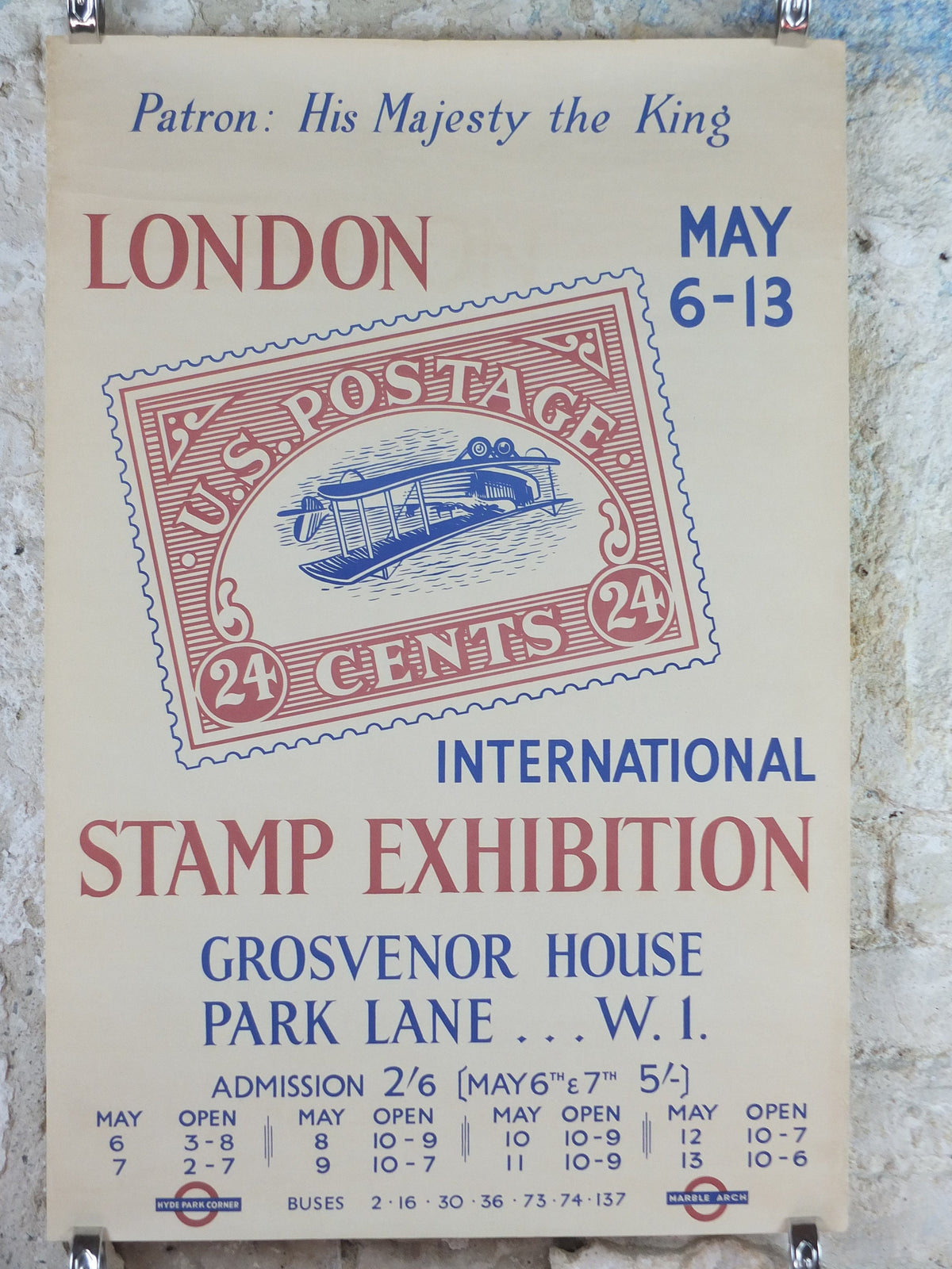 1950 London International Stamp Exhibition Poster, USA Inverted Jenny, Plane 24c, Park Lane, Grosvenor House, exhibition wall art decor