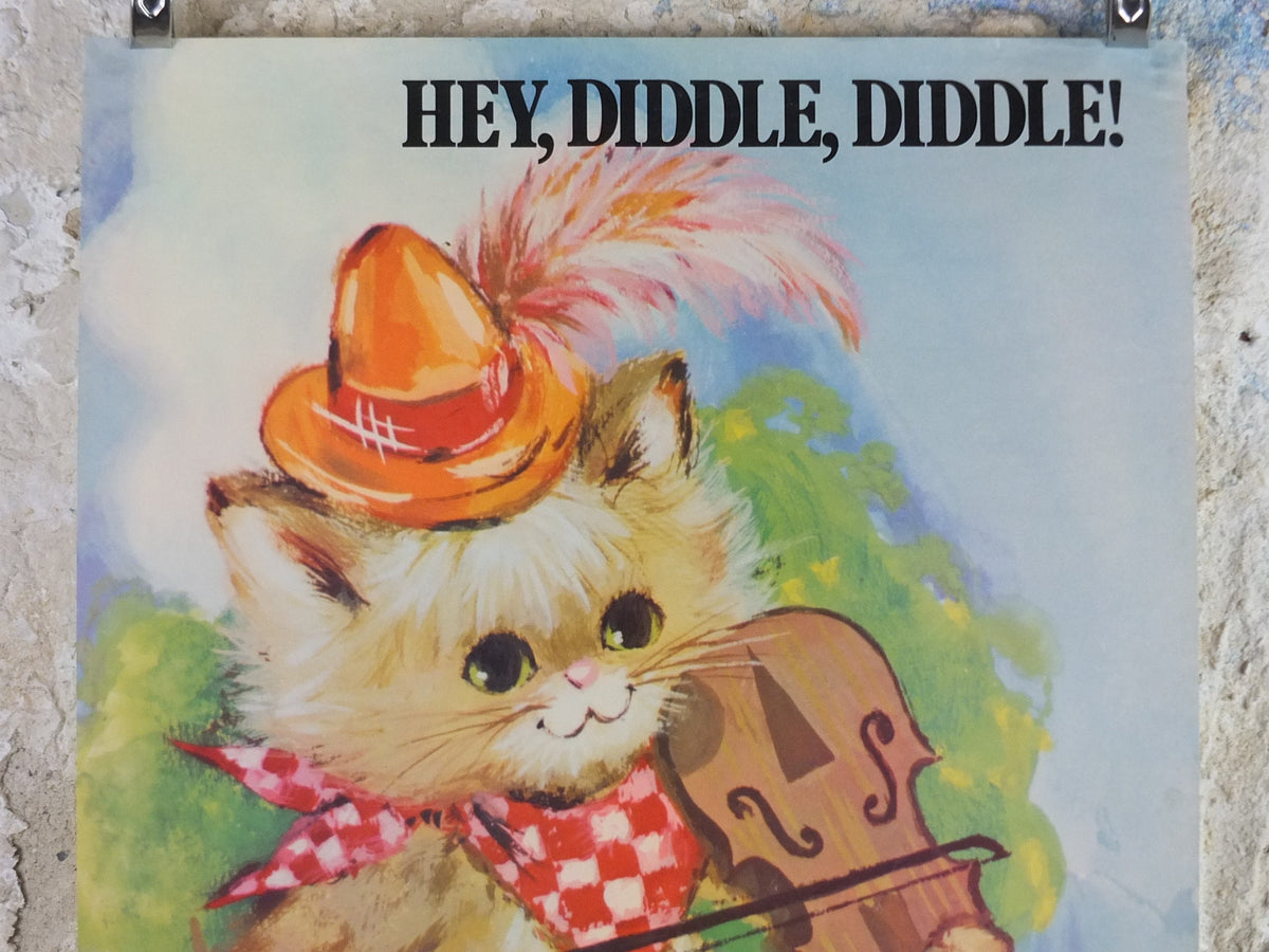 1970s Hey Diddle Diddle Nursery Poster, Vintage nursery rhyme, from Rustcraft greeting cards, wall art decor