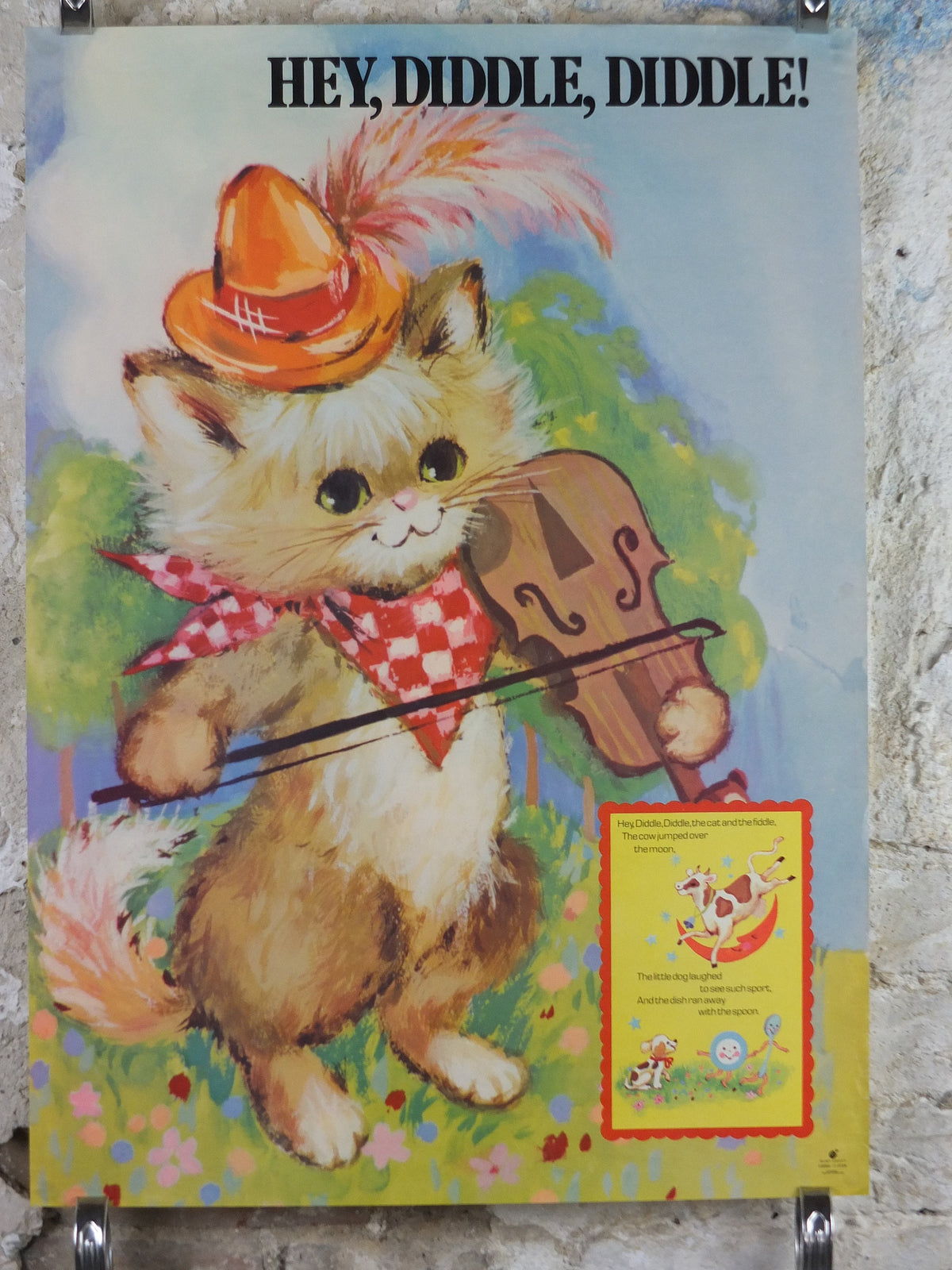 1970s Hey Diddle Diddle Nursery Poster, Vintage nursery rhyme, from Rustcraft greeting cards, wall art decor