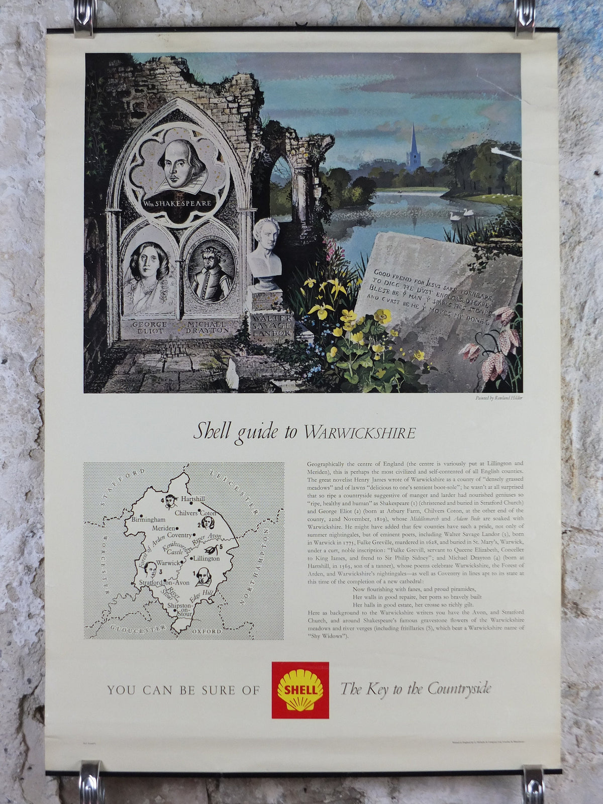 Shell Guide to Warwickshire Poster, England by Rowland Hilder 1950s vintage, The Key to the Countryside, educational wall art and decor