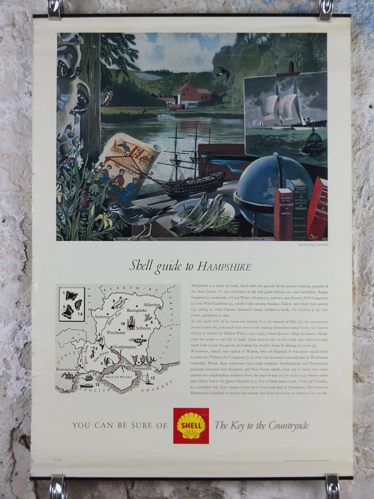 Shell Guide to Hampshire Poster, England by Keith Shackleton 1950s vintage, The Key to the Countryside, educational wall art and decor